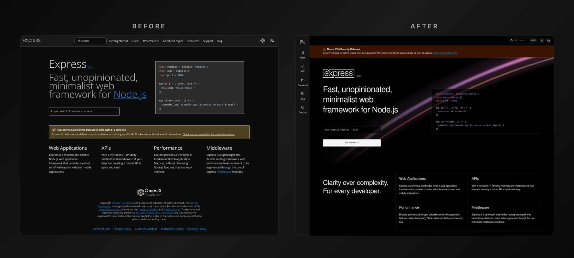 Side-by-side comparison of the current Express homepage and the redesigned version