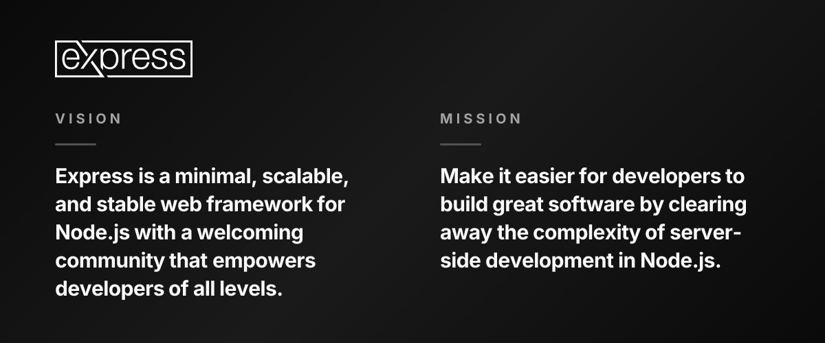 Express vision and mission: Express is a minimal, scalable, and stable web framework for Node.js with a welcoming community that empowers developers of all levels. Our mission is to make it easier for developers to build great software by clearing away the complexity of server-side development in Node.js.